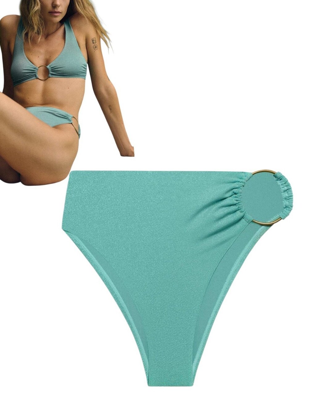 Vitamin A Lolita High Waist Bikini Bottom Gold O-Ring Metallic Aqua M